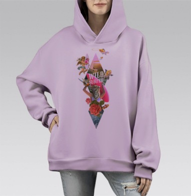 Дикий серфер с головой тигра — сюрреализм и свобода, Hoodie Mono Fiolet, оверсайз, утепленная