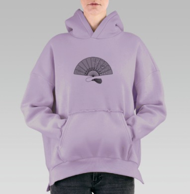 Черно-белый веер с изысканным восточным орнаментом, Hoodie Oversize Fiolet, утепленная