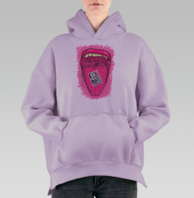 Яркий розовый язык с маркой День космонавтики Поехали, Hoodie Oversize Fiolet, утепленная