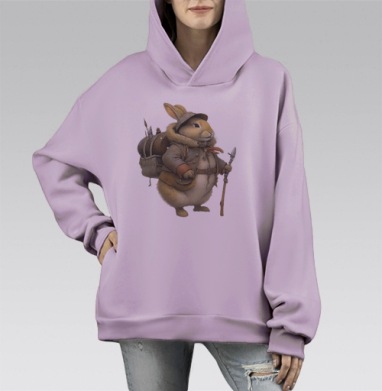 Пушистый кролик-путешественник в походной экипировке, Hoodie Mono Fiolet, оверсайз, утепленная