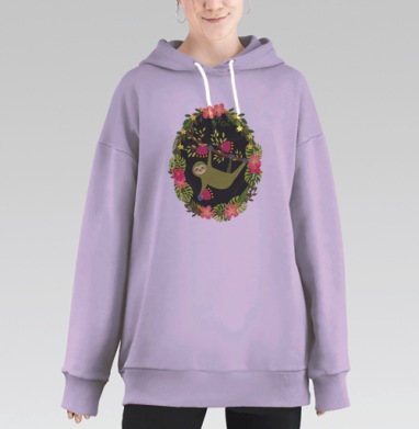 Ленивец в тропическом цветочном венке, Hoodie Long Oversize Fiolet