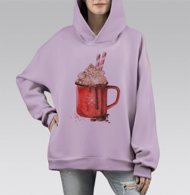 Праздничная кружка горячего шоколада с зефирками, Hoodie Mono Fiolet, оверсайз, утепленная