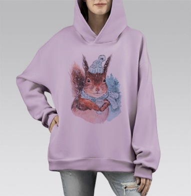 Уютная белка в зимней шапке с горячим напитком, Hoodie Mono Fiolet, оверсайз, утепленная