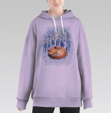 Уютный зимний лисенок в акварельном стиле, Hoodie Long Oversize Fiolet