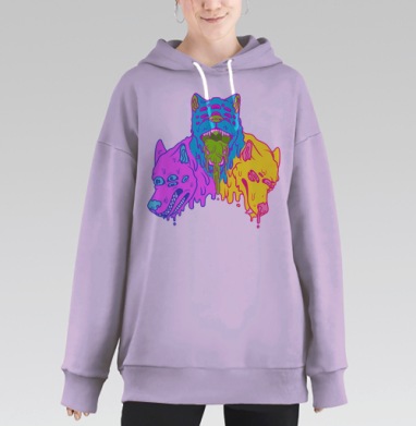 Психоделические тающие головы волков в кислотных тонах, Hoodie Long Oversize Fiolet