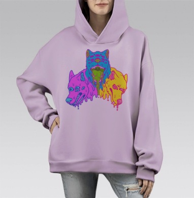 Психоделические тающие головы волков в кислотных тонах, Hoodie Mono Fiolet, оверсайз, утепленная