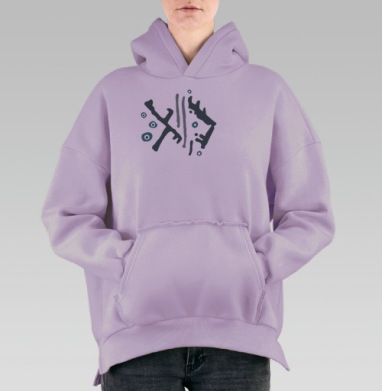 Абстрактная морская композиция в синем и сером в спокойных тонах, Hoodie Oversize Fiolet, утепленная