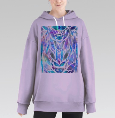 Абстрактные голубые цветы бирюзовые листья в светлой палитре, Hoodie Long Oversize Fiolet