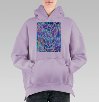 Абстрактные голубые цветы бирюзовые листья в светлой палитре, Hoodie Oversize Fiolet, утепленная