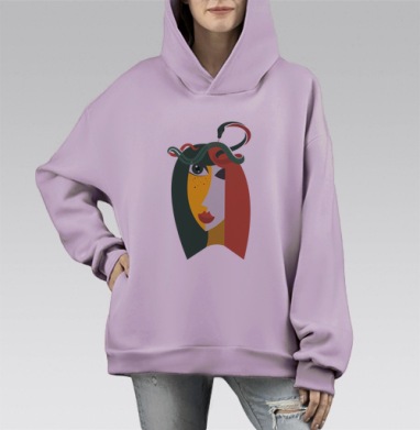 Абстрактный портрет с змеями в зелёных красных тонах головы, Hoodie Mono Fiolet, оверсайз, утепленная