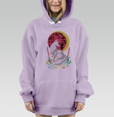 Белая Лиса с Катаной и Японским Садом в Вечернем Свете, Hoodie Mjhigh Dig Mel, Fiolet, утепленная