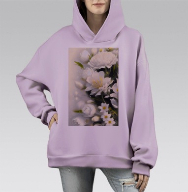 Белые цветы с зеленью в весеннем цветущем саду, Hoodie Mono Fiolet, оверсайз, утепленная
