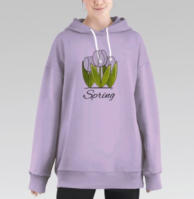 Белые тюльпаны и зелёные листья весна надпись Spring, Hoodie Long Oversize Fiolet