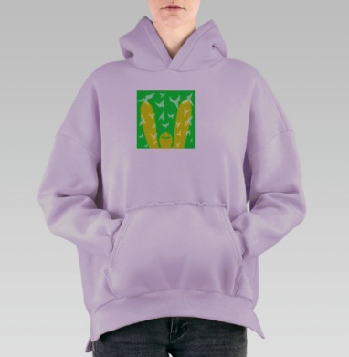 Человечек кидает цветы в воздух зеленый желтый белые птицы, Hoodie Oversize Fiolet, утепленная