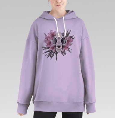Череп Кошки Розовые Цветы Животные, Hoodie Long Oversize Fiolet