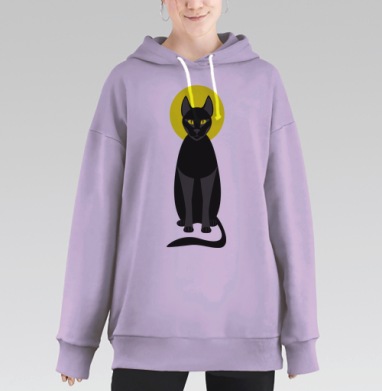 Черная кошка с желтым ореолом на сером фоне, Hoodie Long Oversize Fiolet