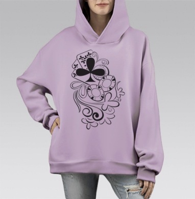 Стильный черный орнамент с картами и завитками, Hoodie Mono Fiolet, оверсайз, утепленная