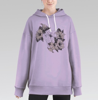 Черная вдова плетет паутину среди белых цветов, Hoodie Long Oversize Fiolet