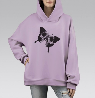 Чёрно белая бабочка с черепом на крыльях, Hoodie Mono Fiolet, оверсайз, утепленная