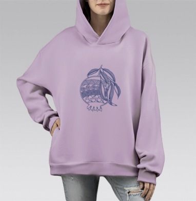 Черно белый гранат с листьями и узорами рисунок, Hoodie Mono Fiolet, оверсайз, утепленная