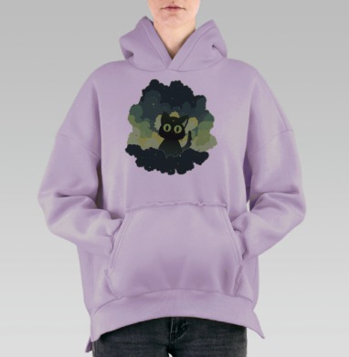 Черный кот мечтает среди звезд ночного неба, Hoodie Oversize Fiolet, утепленная