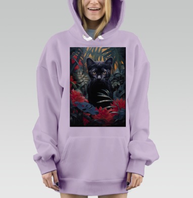 Чёрный кот в зелёных джунглях красных цветов, Hoodie Mjhigh Dig Mel, Fiolet, утепленная