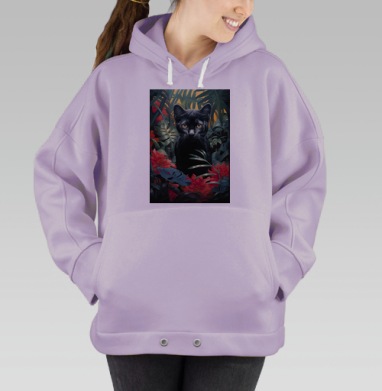 Чёрный кот в зелёных джунглях красных цветов, Hoodie Oversize Fiolet