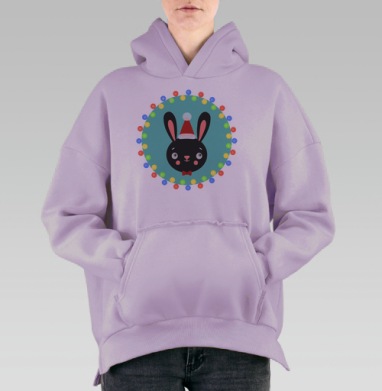 Черный заяц в новогодней шапке с огнями вокруг, Hoodie Oversize Fiolet, утепленная