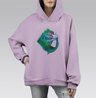 Цифровое искажение черепа светящийся неон зелёный синий на сером фоне, Hoodie Mono Fiolet, оверсайз, утепленная