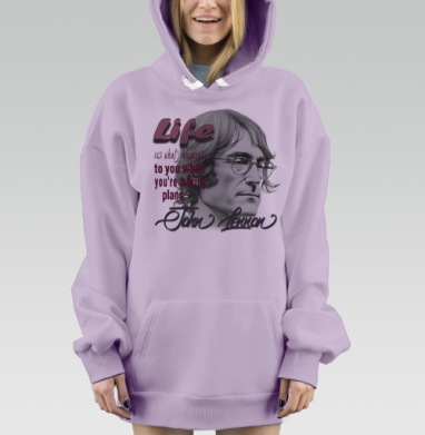 Цитата Джона Леннона вдохновляющая жить настоящим временем, Hoodie Mjhigh Dig Mel, Fiolet, утепленная