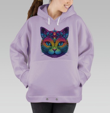 Цветная неоновая мандала кошка мистический узор, Hoodie Oversize Fiolet