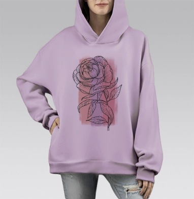 Цветок с листьями нежно-розовый и серый пастельный фон, Hoodie Mono Fiolet, оверсайз, утепленная