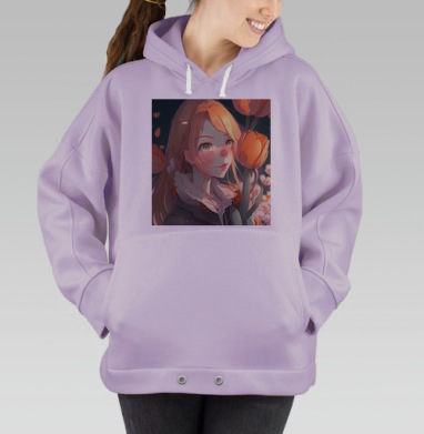 Девочка с тюльпанами в оранжевых тонах среди полевых цветов, Hoodie Oversize Fiolet