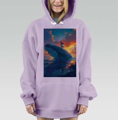 Девочка стоит на гигантском синем ките закатное небо, Hoodie Mjhigh Dig Mel, Fiolet, утепленная