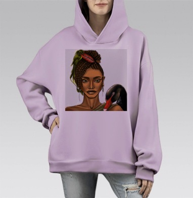 Девушка с черным лебедем и зеленой птицей, Hoodie Mono Fiolet, оверсайз, утепленная