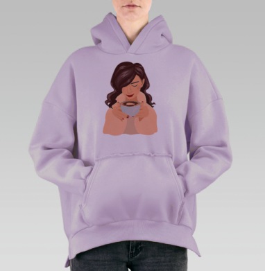 Девушка с кофе в руках наслаждается теплом счастья, Hoodie Oversize Fiolet, утепленная