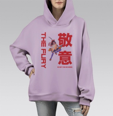 Девушка с мечом в атаке смелость и храбрость перед демонами, Hoodie Mono Fiolet, оверсайз, утепленная