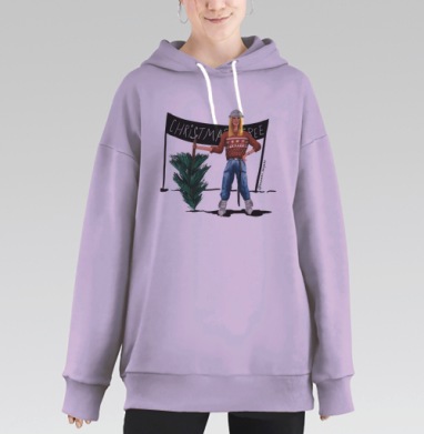Девушка с мини елкой в свитере и джинсах Christmas Tree, Hoodie Long Oversize Fiolet