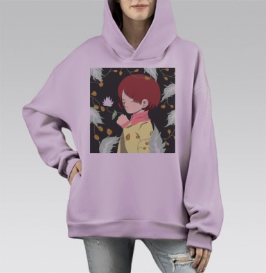 Девушка с рыжими волосами и цветком в руке нежная задумчивость, Hoodie Mono Fiolet, оверсайз, утепленная