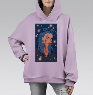 Девушка с синими волосами и звездами над головой синем фоне, Hoodie Mono Fiolet, оверсайз, утепленная