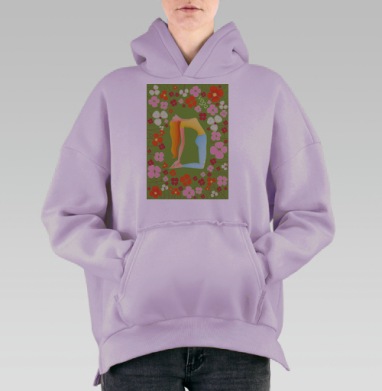 Девушка Выполняет Поза Йоги На Зеленом Цветочном фоне, Hoodie Oversize Fiolet, утепленная
