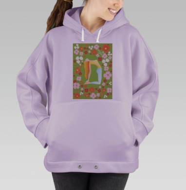 Девушка Выполняет Поза Йоги На Зеленом Цветочном фоне, Hoodie Oversize Fiolet