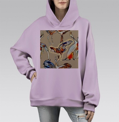 Динамичные журавли в брачных танцах песочный цвет тренд года, Hoodie Mono Fiolet, оверсайз, утепленная