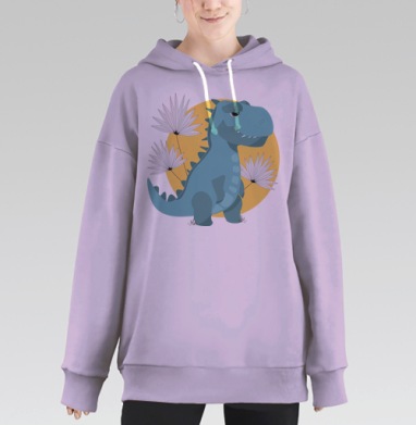 Динозавр рекс голубой на фоне солнца и цветов, Hoodie Long Oversize Fiolet