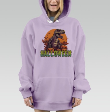 Динозавр с тыквами на Хэллоуин осенние листья, Hoodie Mjhigh Dig Mel, Fiolet, утепленная