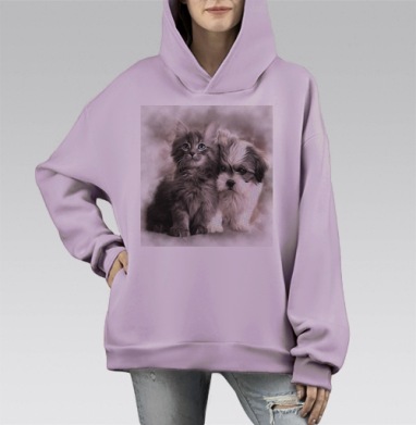 Дружба котёнка щенка нежное единство, Hoodie Mono Fiolet, оверсайз, утепленная