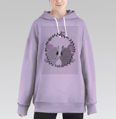 Две нежные коалы в окружении фиолетовых цветов и черных листьев, Hoodie Long Oversize Fiolet