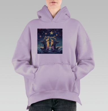 Две синие акулы на фоне ночного неба стоящих в воде, Hoodie Oversize Fiolet, утепленная