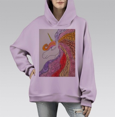 Единорог с узорчатой гривой на фоне цветов исполнения мечты, Hoodie Mono Fiolet, оверсайз, утепленная