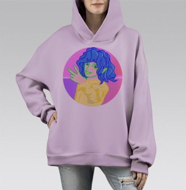 Эльф синие волосы желтый свитер мир знак, Hoodie Mono Fiolet, оверсайз, утепленная